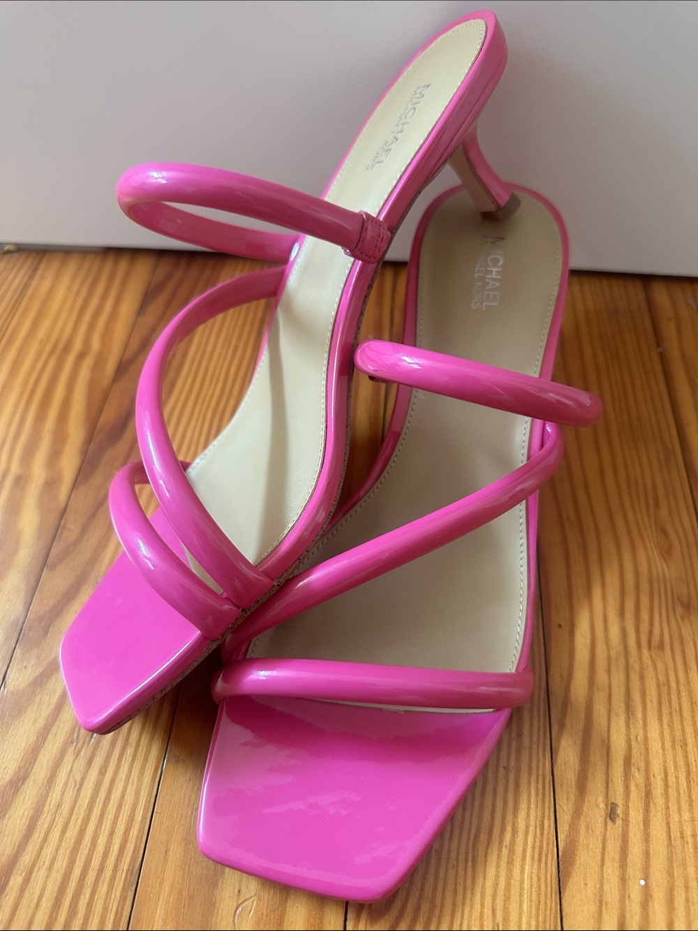 Michael Kors Bright Pink Strappy Patent Kitten Heels, Hot Pink Slide Sandals